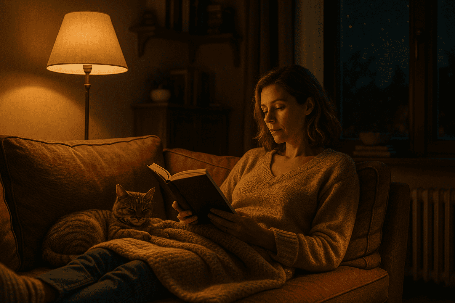 donna seduta sul divano che legge un libro accanto a un gatto in una stanza calda e illuminata da una lampada