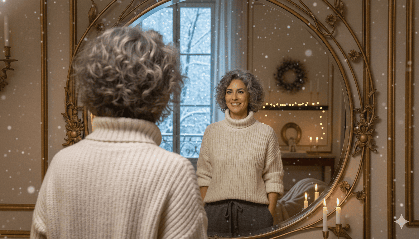 bilancio-di-fine-anno donna davanti allo specchio in casa durante l’inverno, momento di riflessione di fine anno
