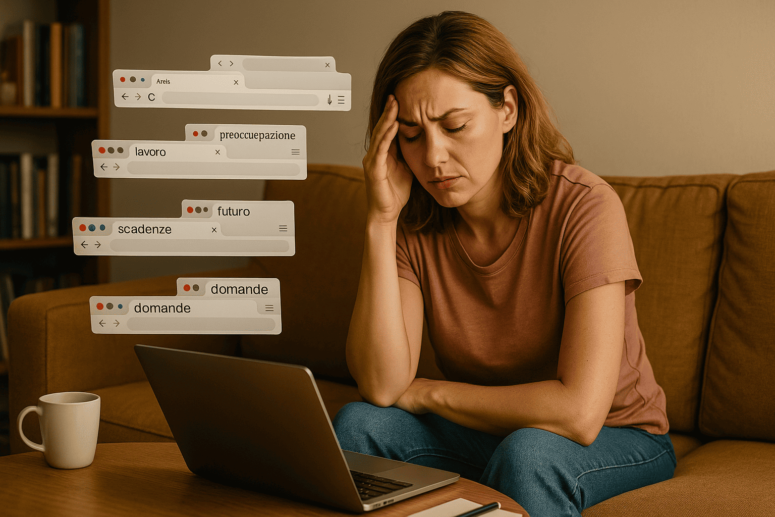 pensare-troppo-rimuginio-mentale donna seduta sul divano davanti al computer con espressione preoccupata e pensieri sovrapposti che rappresentano il pensare troppo